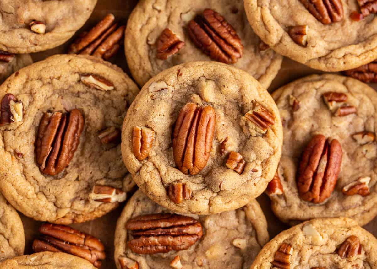 Stacked butter pecan cookies.
