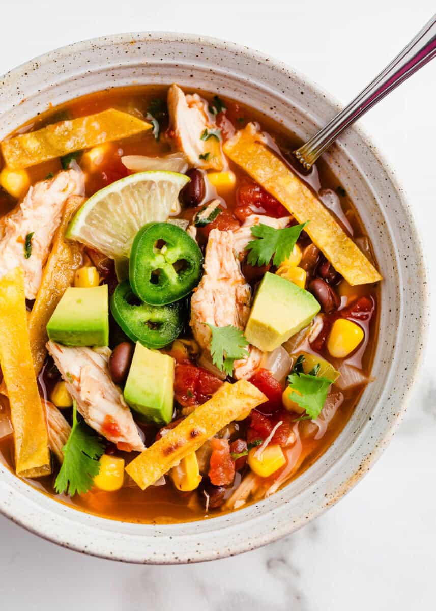 Crockpot Chicken Tortilla Soup in a bowl.