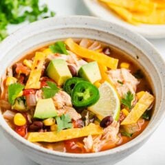 Crockpot Chicken Tortilla Soup in a bowl.