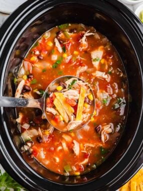 Crockpot Chicken Tortilla Soup in a slow cooker.