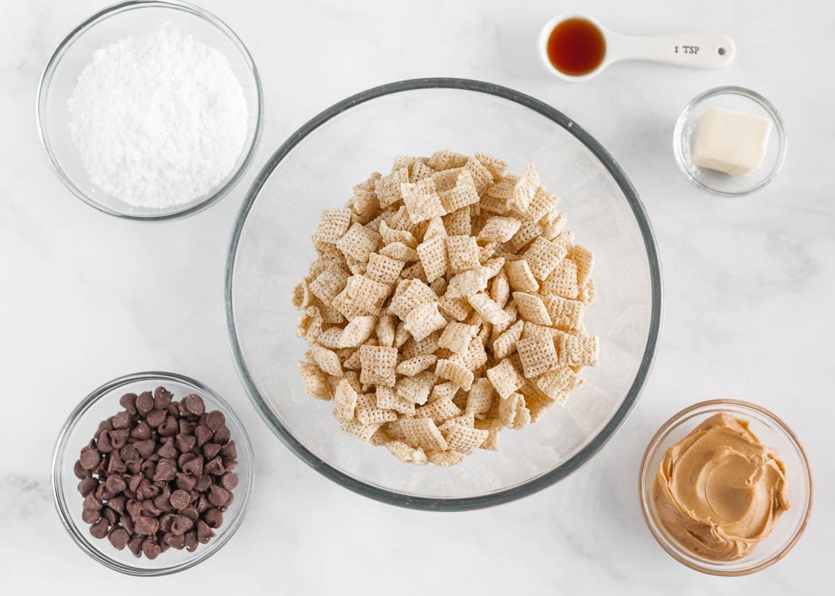 Puppy chow ingredients on counter.