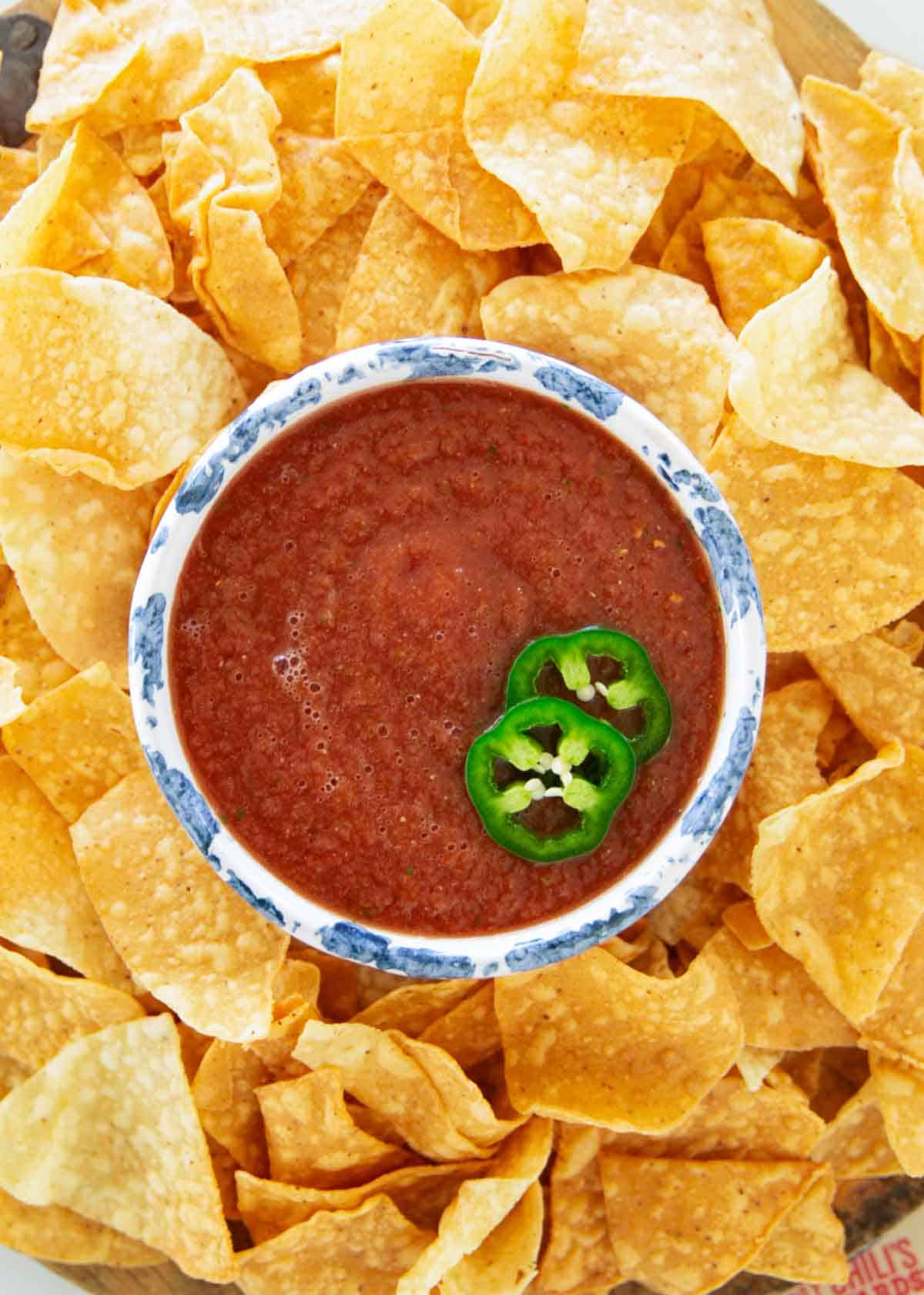 Chilis salsa in a white bowl.