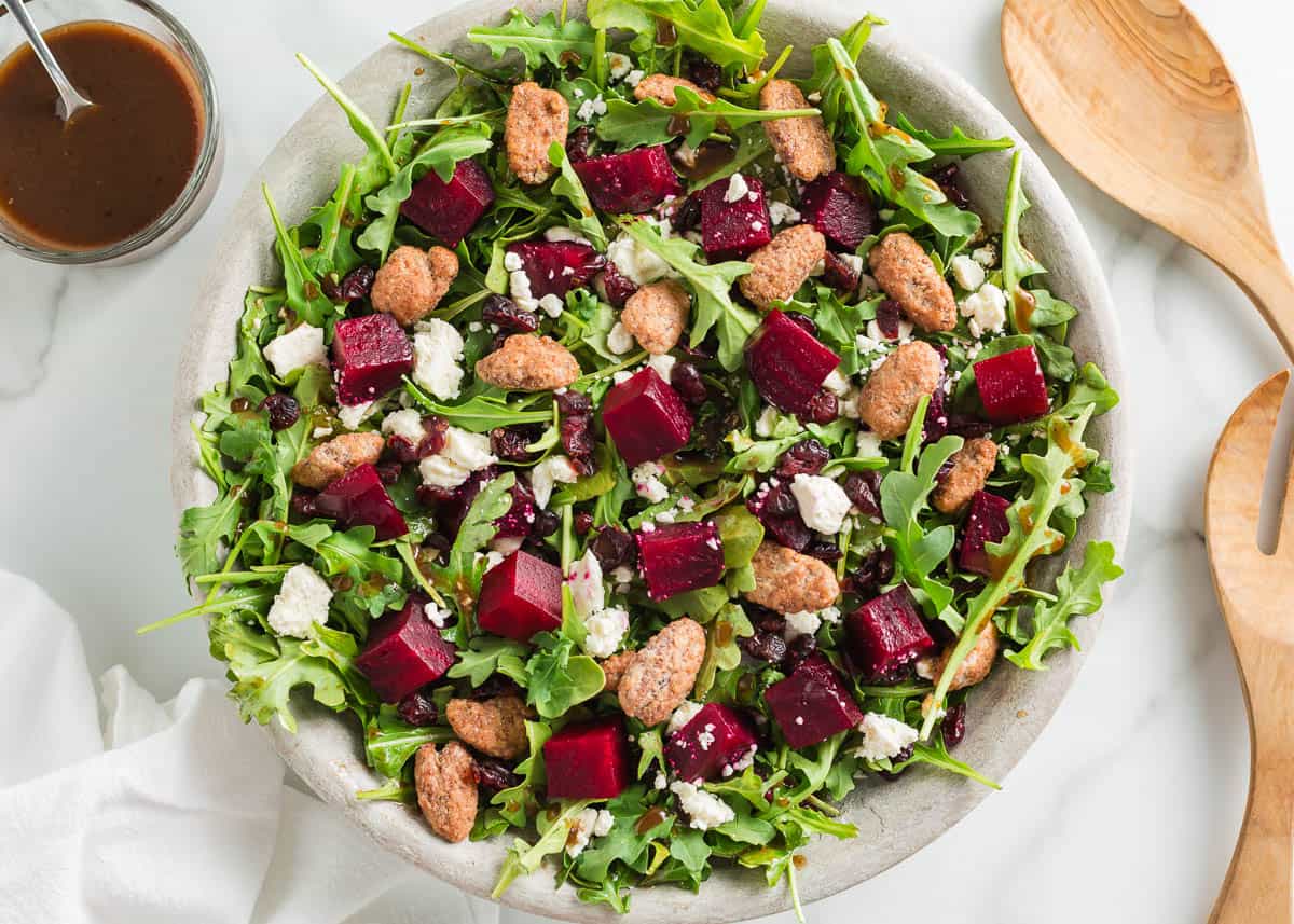 Beet salad in a stone bowl.