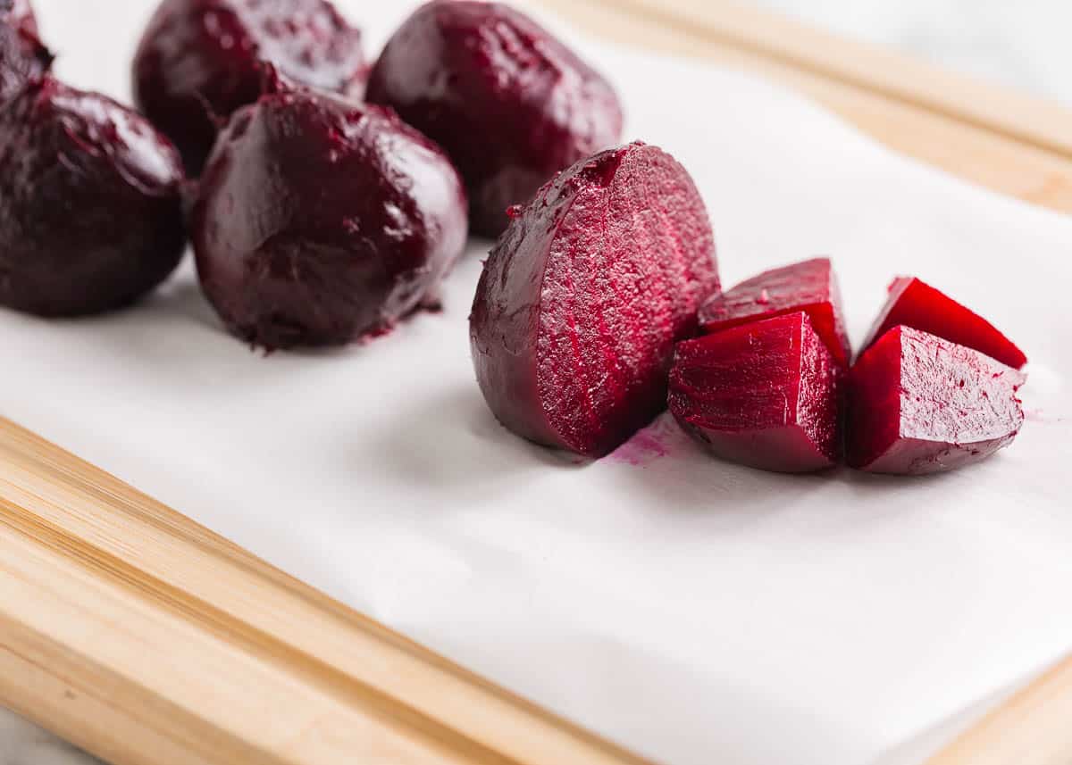 Slicing beets on counter.