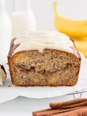 Cinnamon roll banana bread with cream cheese frosting.