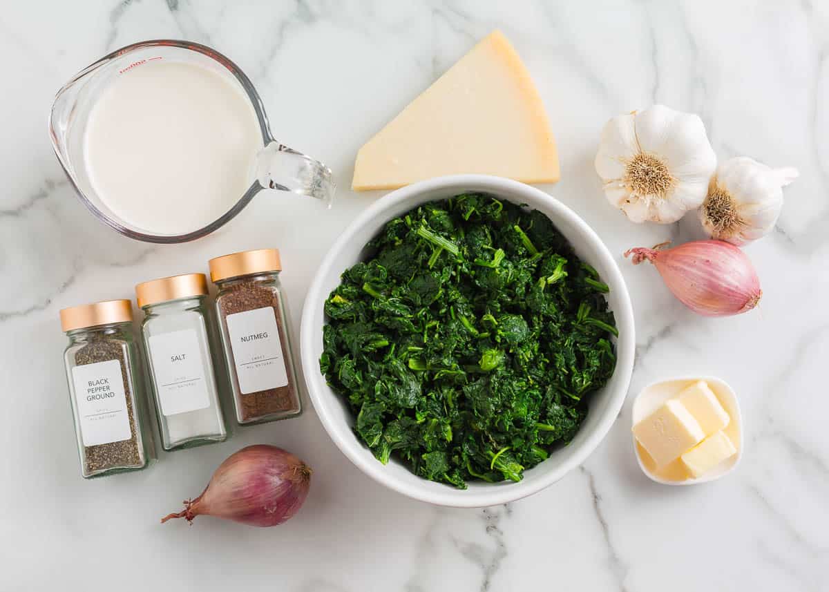 Creamed spinach ingredients on the counter.