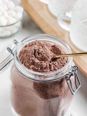 Jar with homemade hot chocolate mix.