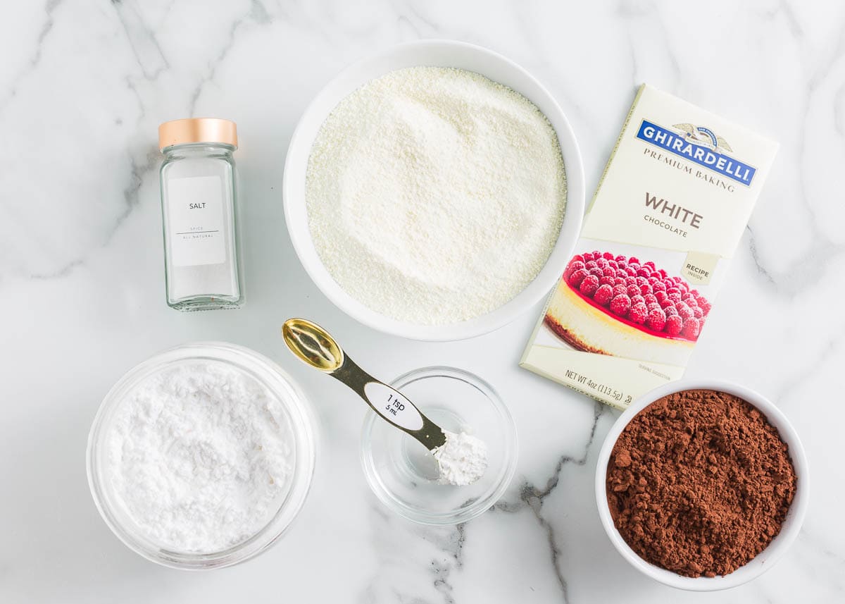 Homemade hot chocolate mix ingredients.