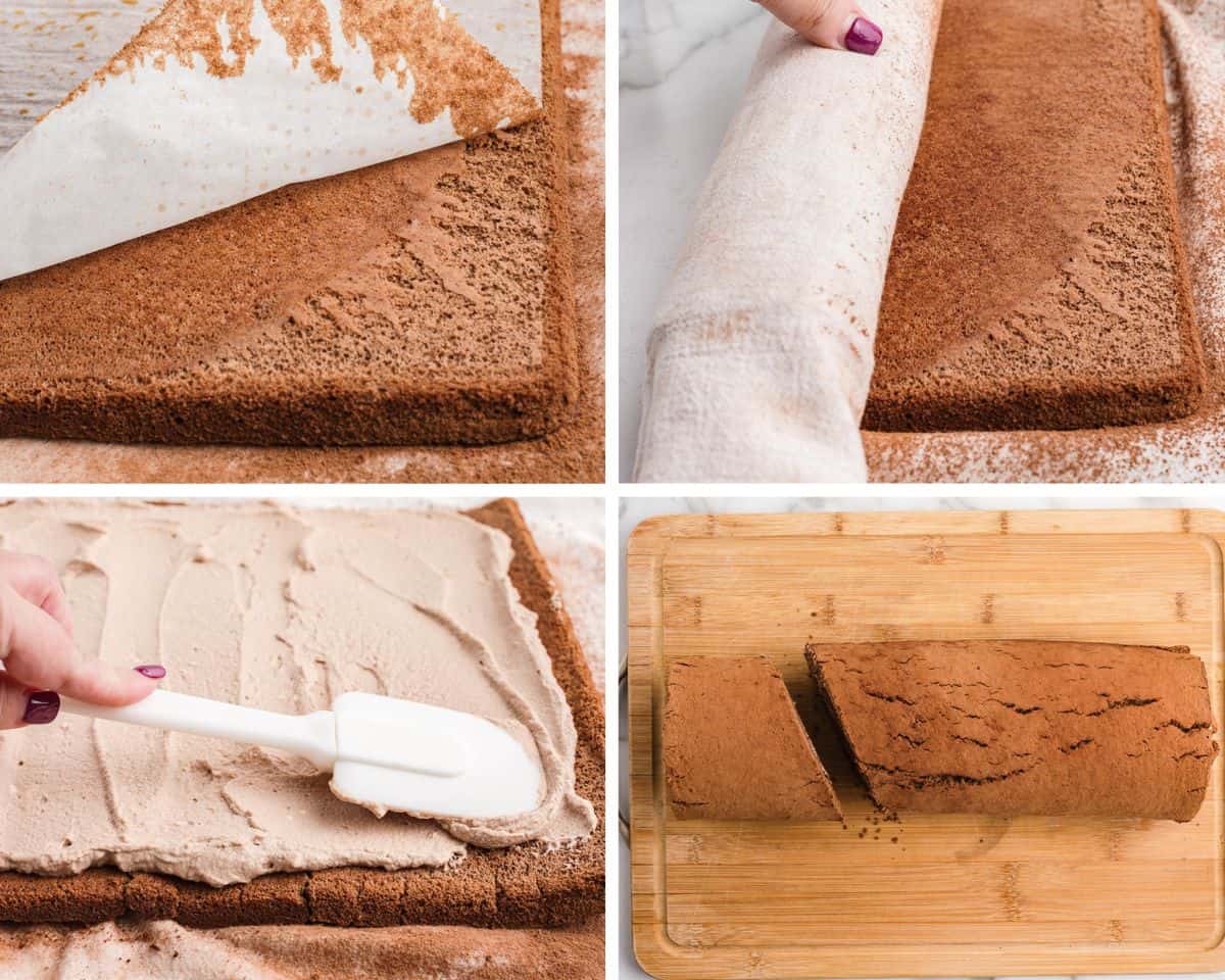 This Christmas make a traditional yule log cake (bûche de noël). A chocolate sponge cake is filled with creamy mascarpone, then covered with chocolate ganache for the bark. Showing how to make a yule log cake.