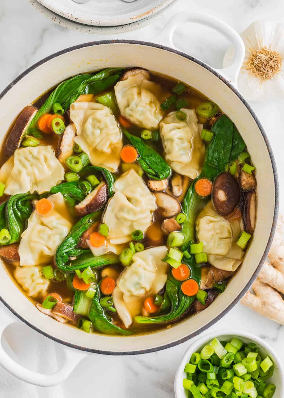 A large pot of potsticker soup.