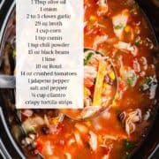 Crockpot chicken tortilla soup in the crockpot.