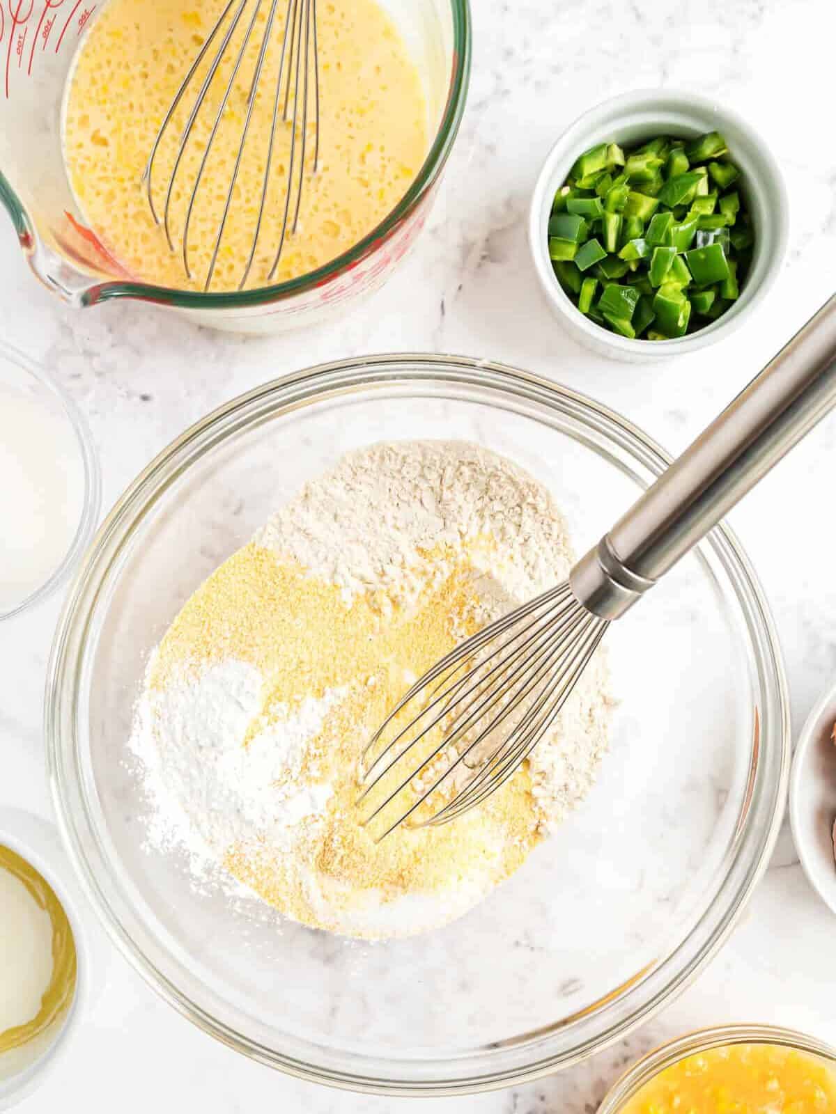 Whisking cornmeal, flour, baking powder and salt in a bowl. 
