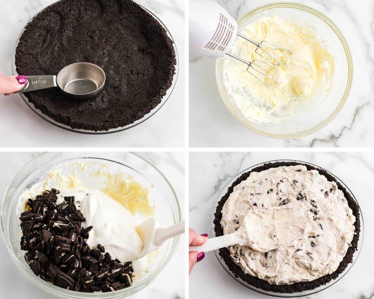 Made with a chocolaty Oreo cookie crust and a creamy Oreo cheesecake filling using simple ingredients, this easy no-bake Oreo pie sets up in the fridge in just a few hours! Showing how to make oreo pie.