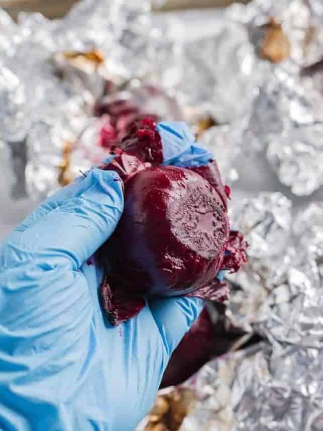Cooking beets on foil.