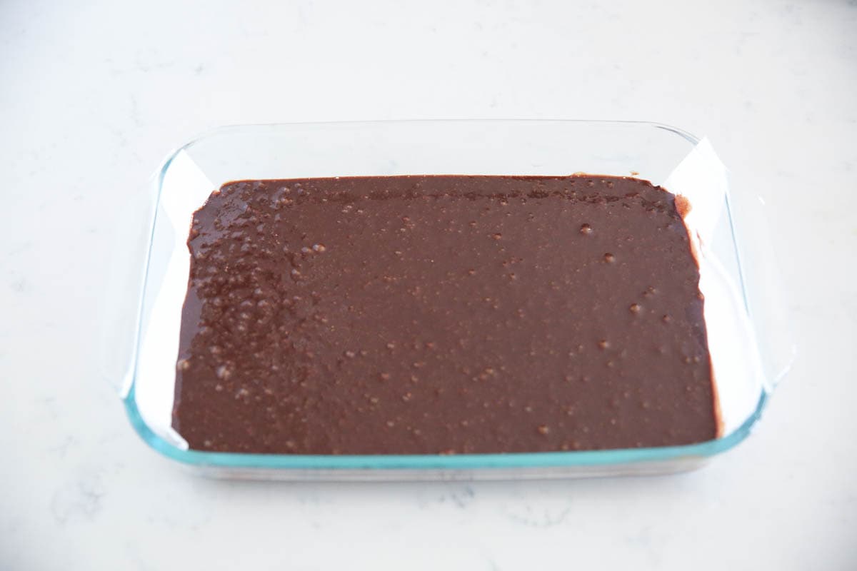 Homemade cosmic brownie batter in a baking dish.