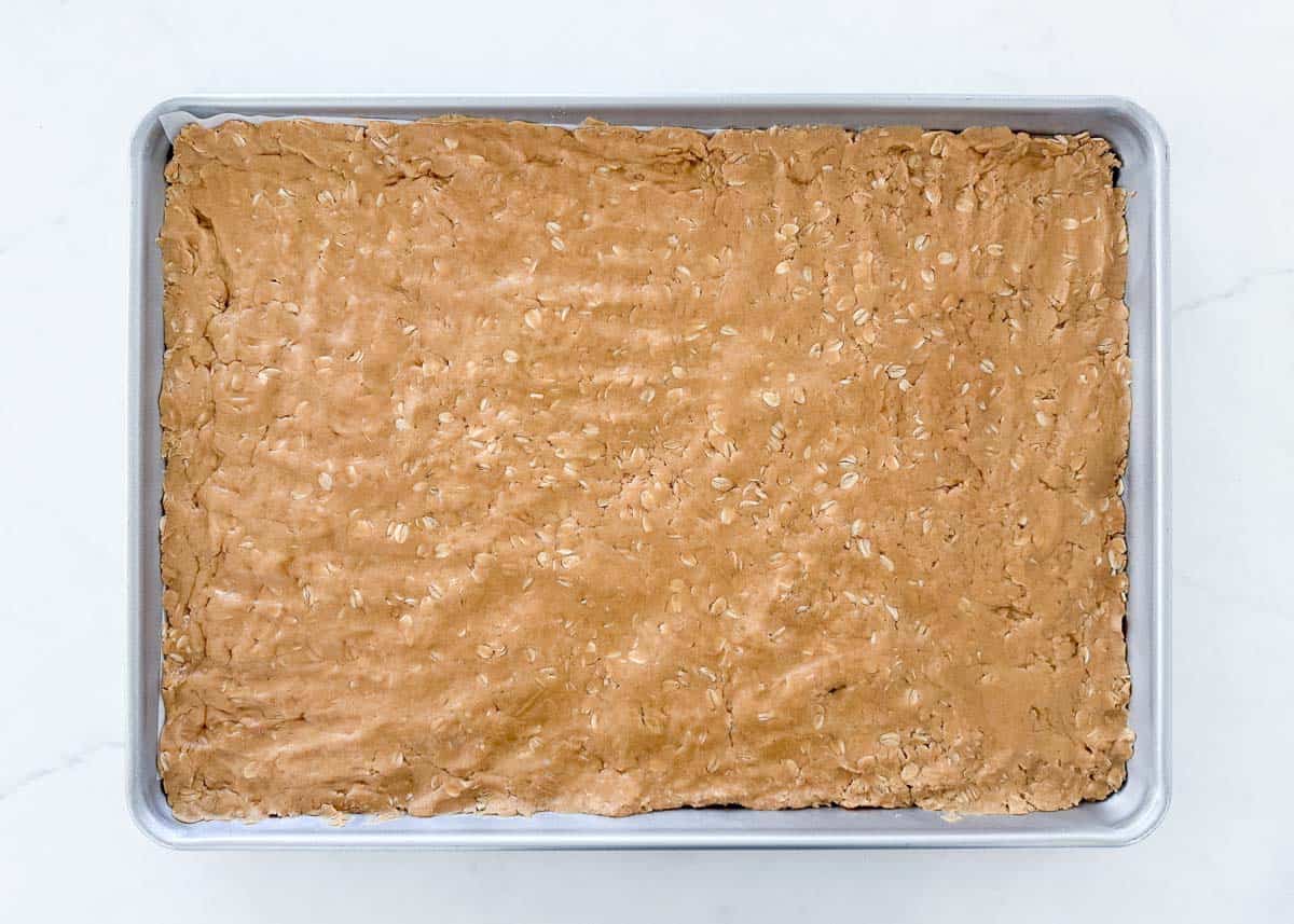 Lunch lady peanut butter bars in a sheet pan.
