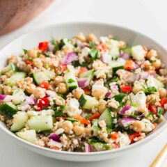 Bulgur salad in white bowl.