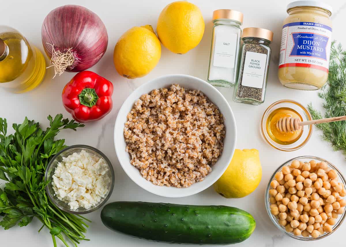 Bulgur salad ingredients on the counter.