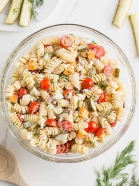 A bowl of dill pickle pasta salad.