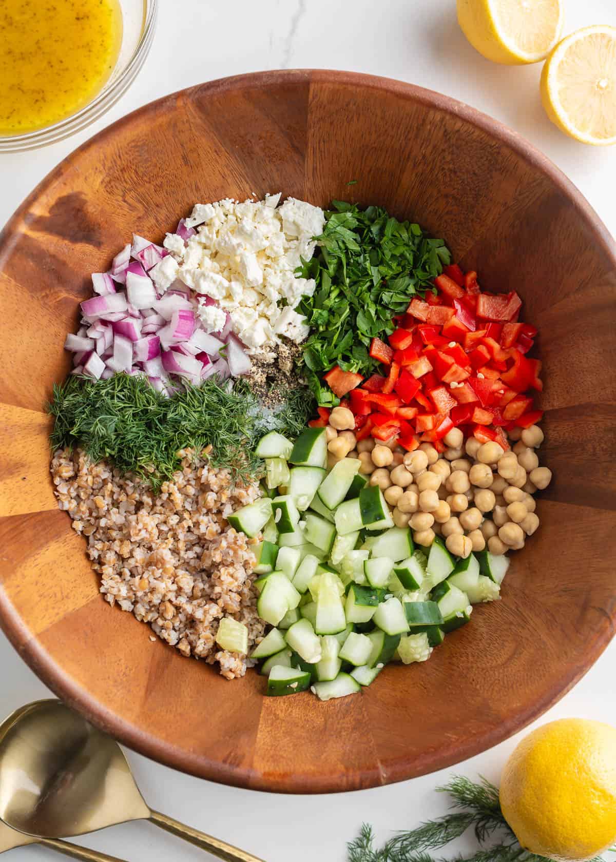 Showing how to make bulgur salad.