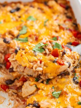 Mexican chicken and rice bake in a casserole dish.
