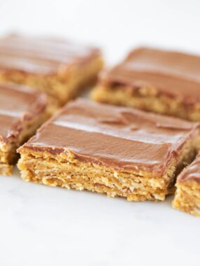 Classic peanut butter lunch lady cookie bars topped with rich chocolate frosting cut into squares to show chewy texture.