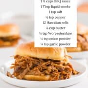 Pulled pork sliders on plates with ingredients listed.