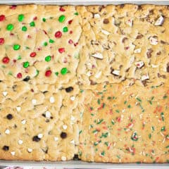 Sheet pan cookie bars for the holidays with 4-in-1 cookie mix-ins.