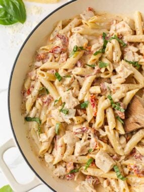 Marry me chicken pasta in a skillet.