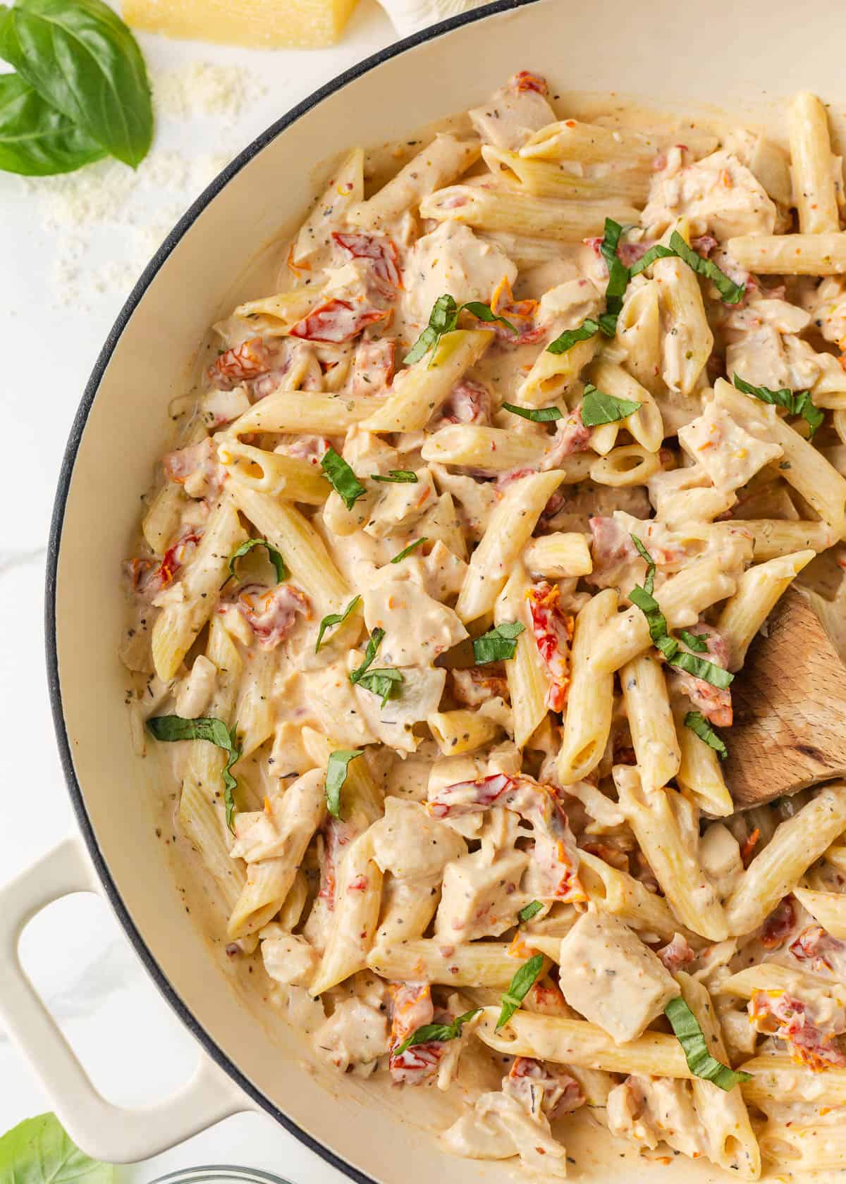 Marry me chicken pasta in a skillet.