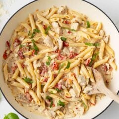 Marry me chicken pasta in a skillet.
