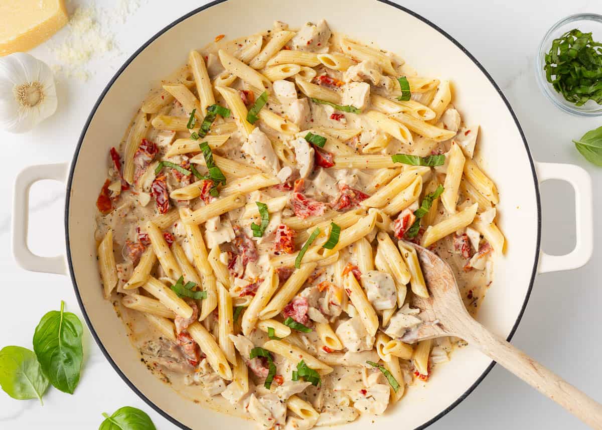 Marry me chicken pasta in a skillet.