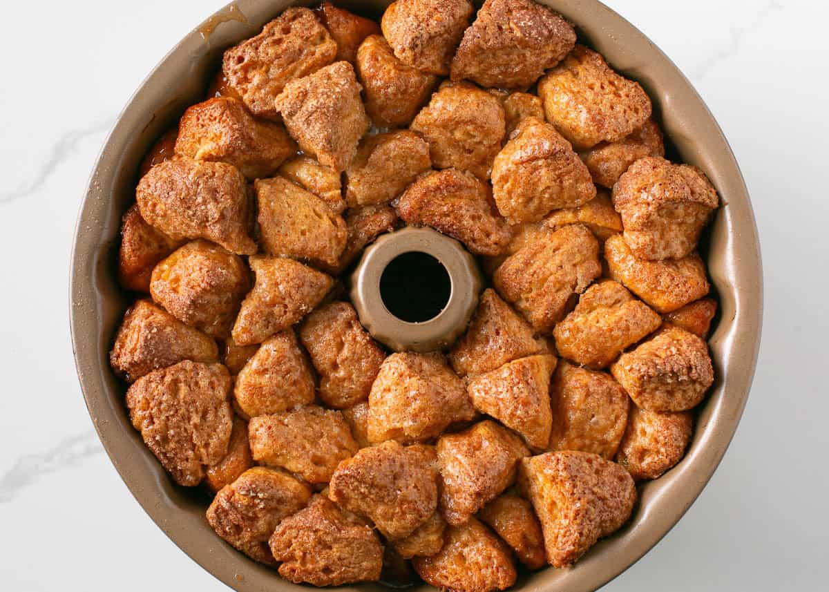 Baked monkey bread in a bundt pan.