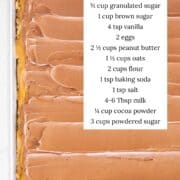 Lunch lady peanut butter bars in a baking pan with ingredients listed.