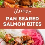 Close up of salmon bites on a spoon.