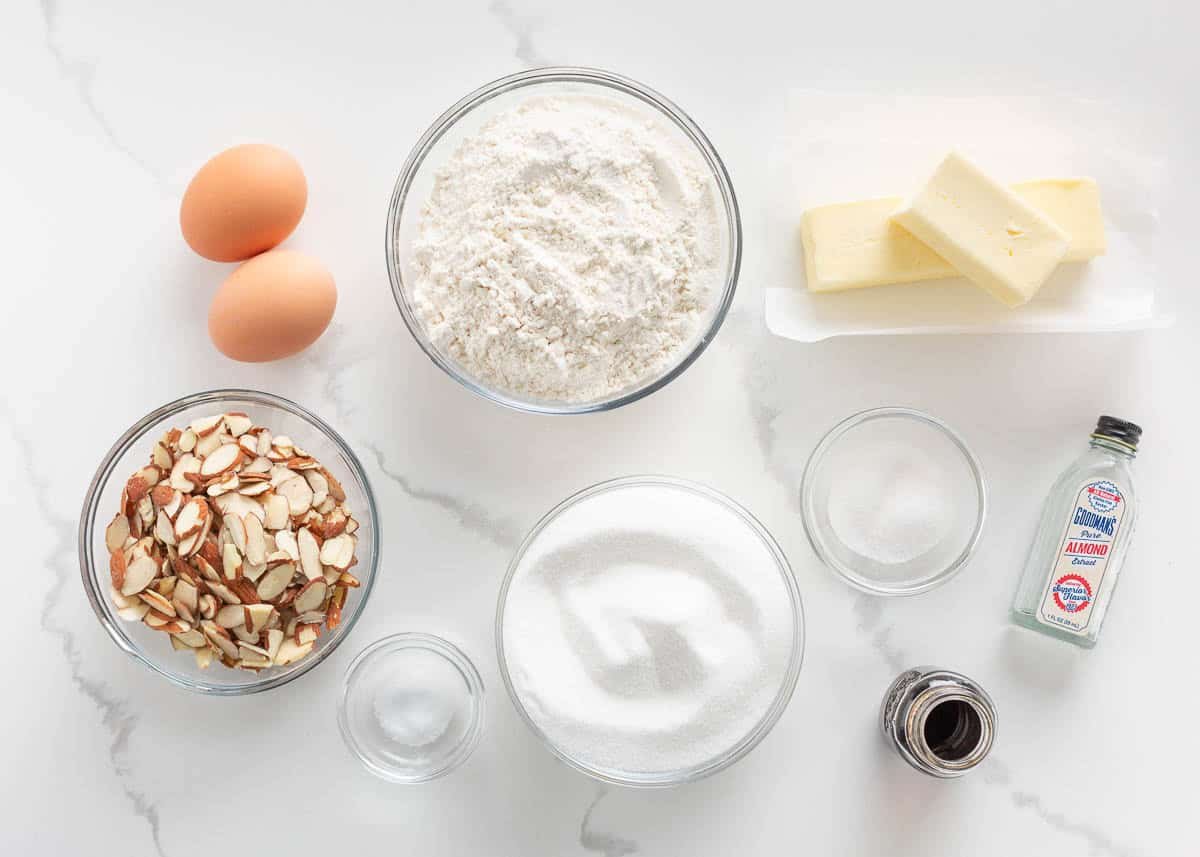 Almond cake ingredients on the counter.