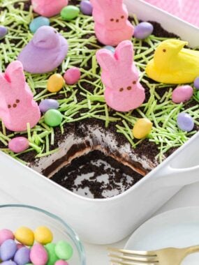 Easter dirt cake in a baking dish.