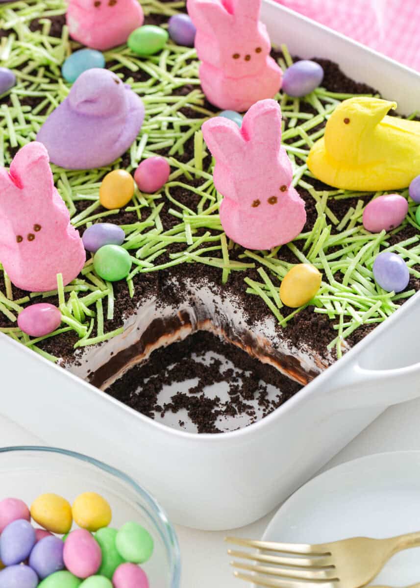 Easter dirt cake in a baking dish.