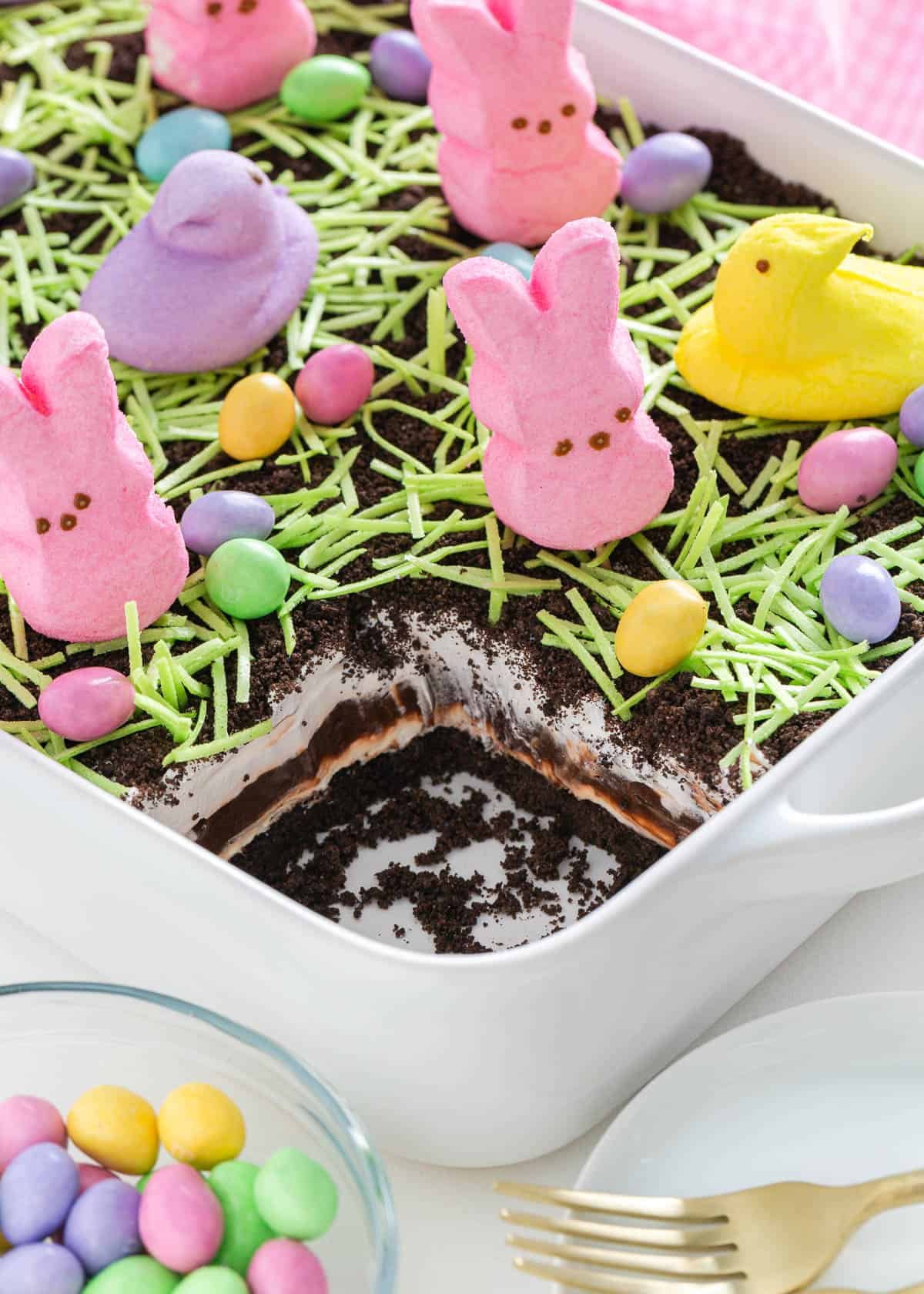 Easter dirt cake in a baking dish.