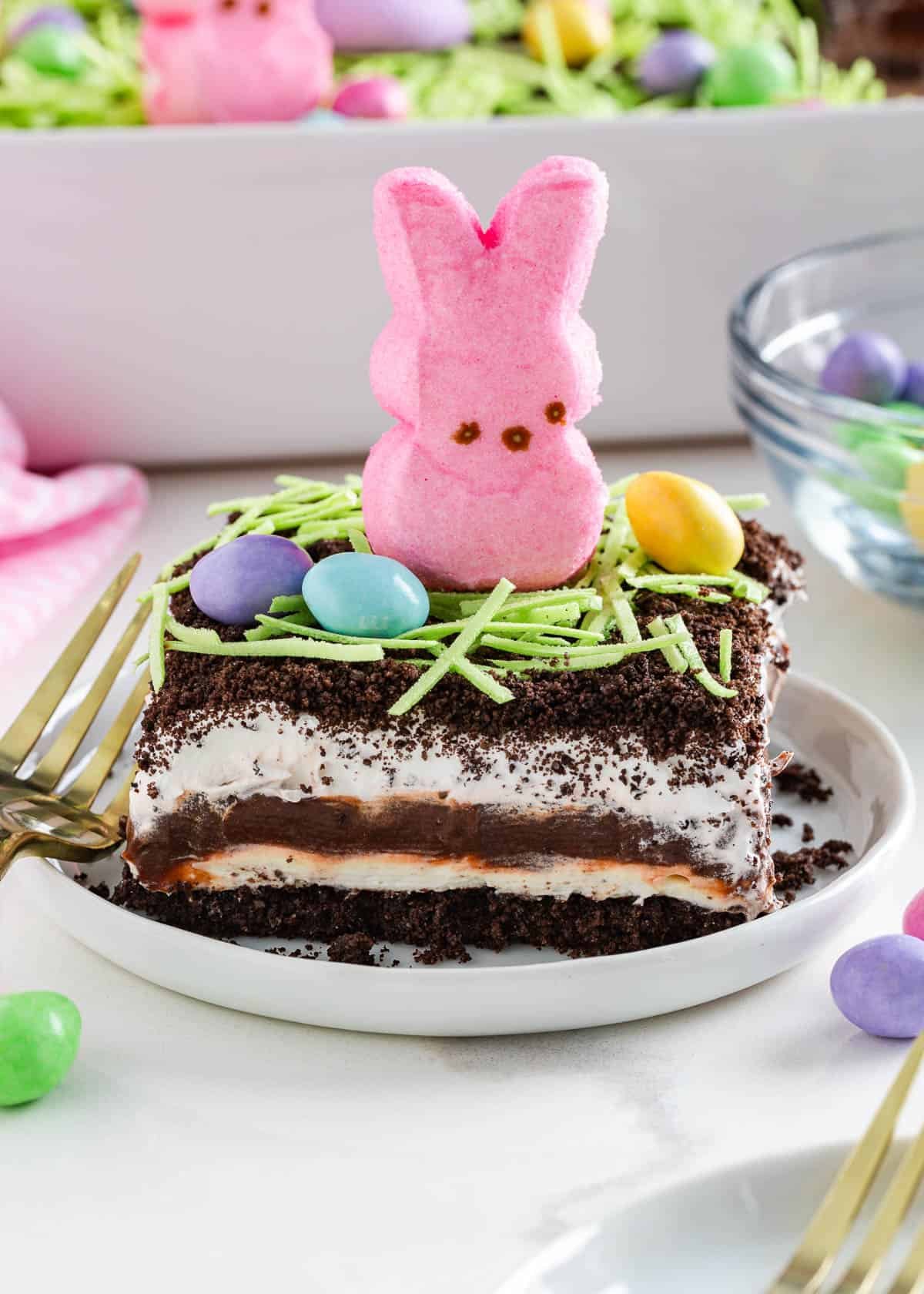 Slice of Easter dirt cake on plate.