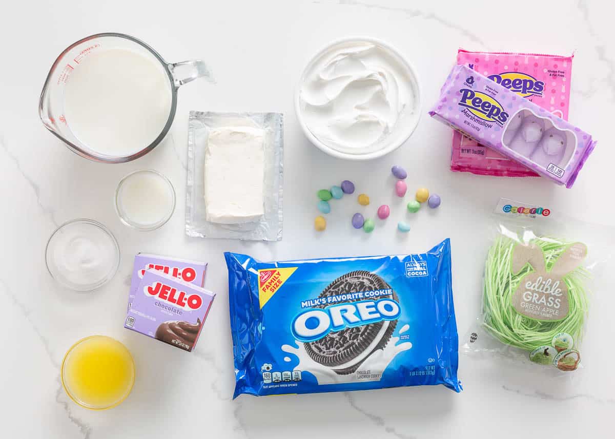 Easter dirt cake ingredients on the counter.