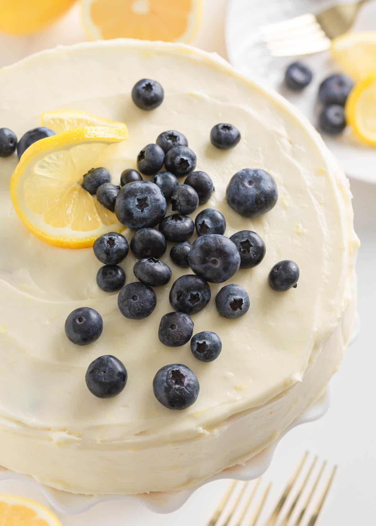 Frosted lemon blueberry layer cake. 