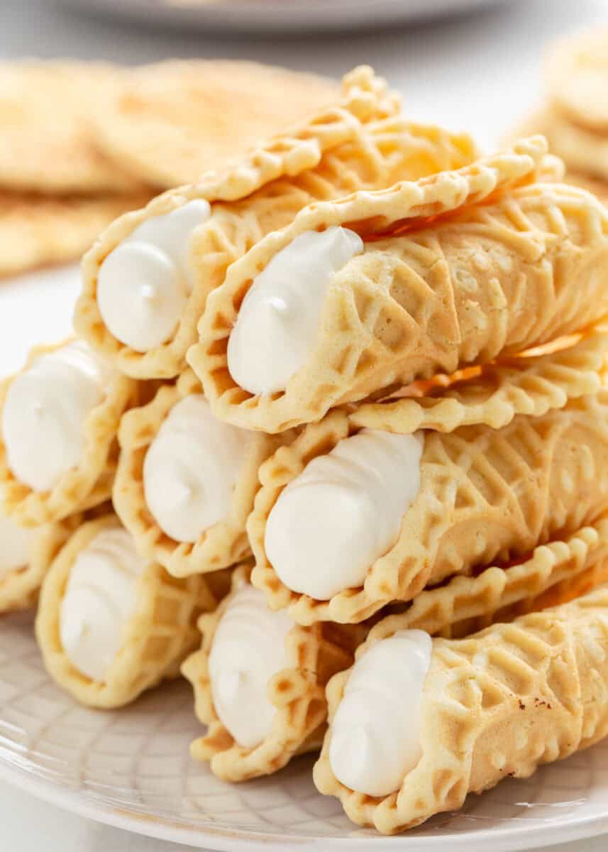 Rolled pizzelles with filling.