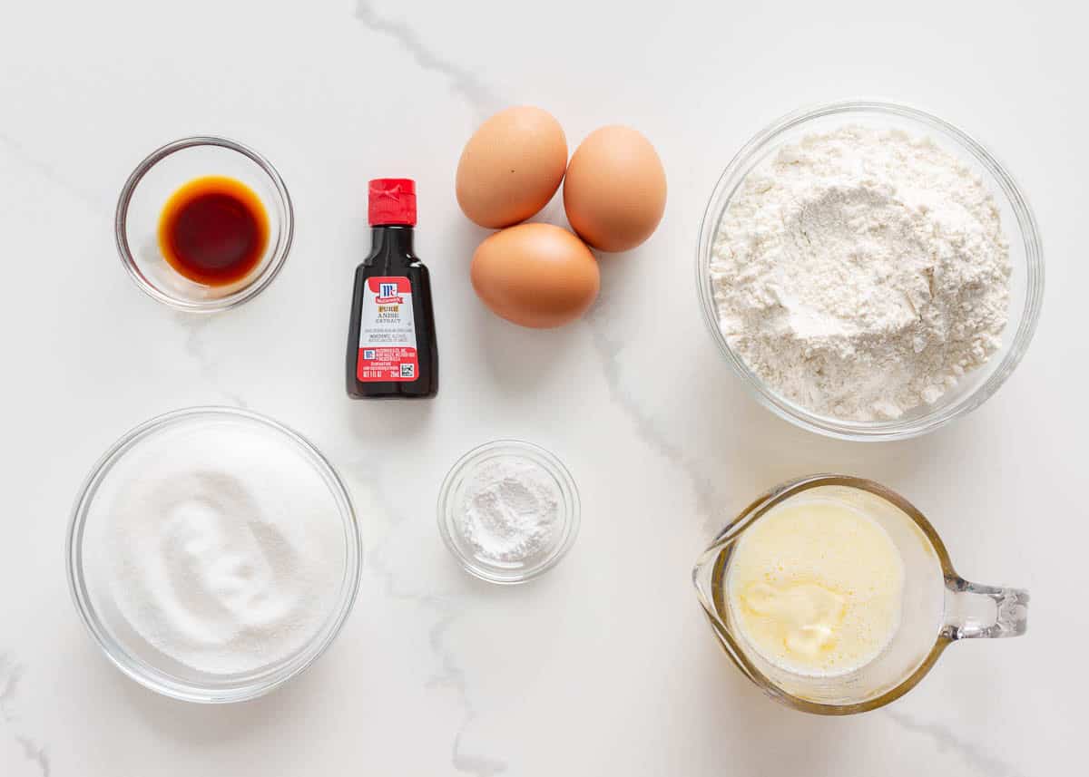 Pizzelle recipe ingredients on the counter.