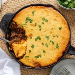 Tamale pie in a skillet.