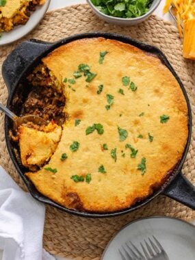 Tamale pie in a iron skillet.