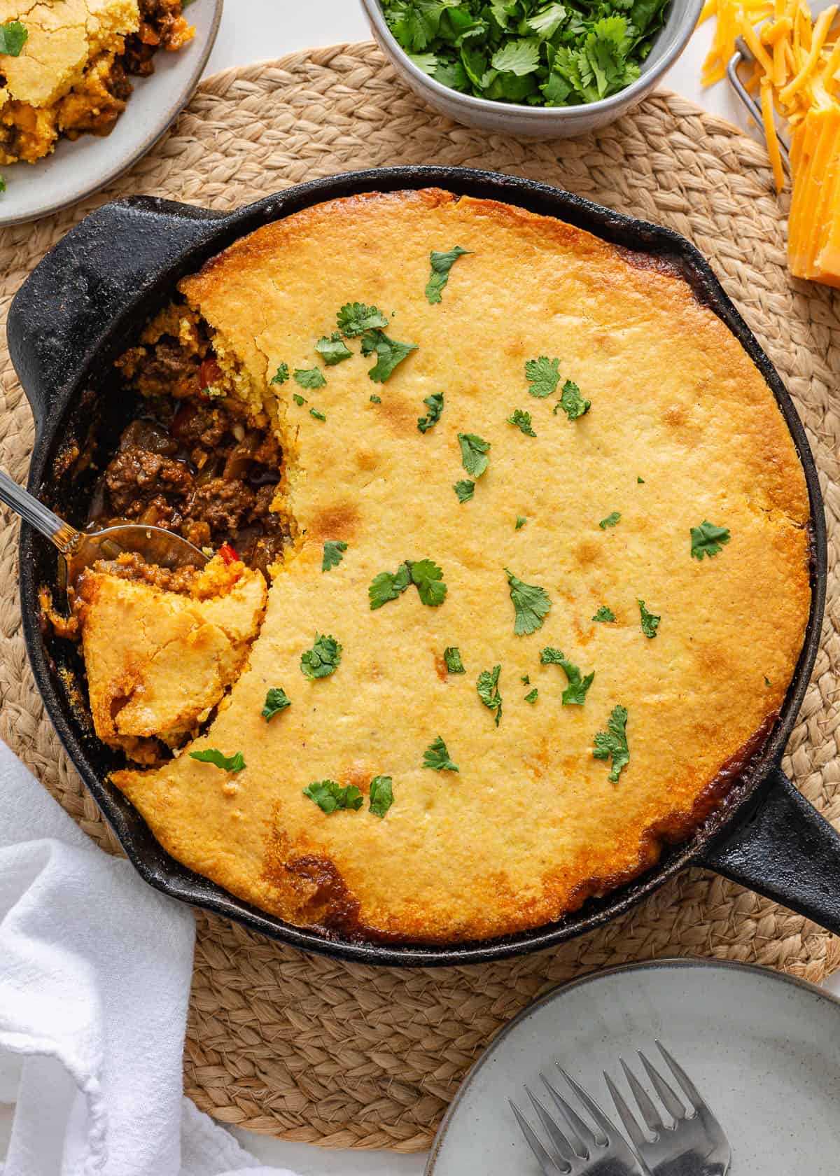 Tamale pie in a iron skillet.