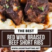 Red wine braised beef short ribs served over mashed potatoes.