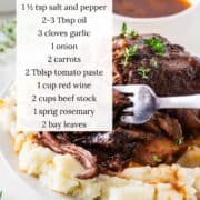 Beef short ribs on mashed potatoes on a plate with ingredients listed.