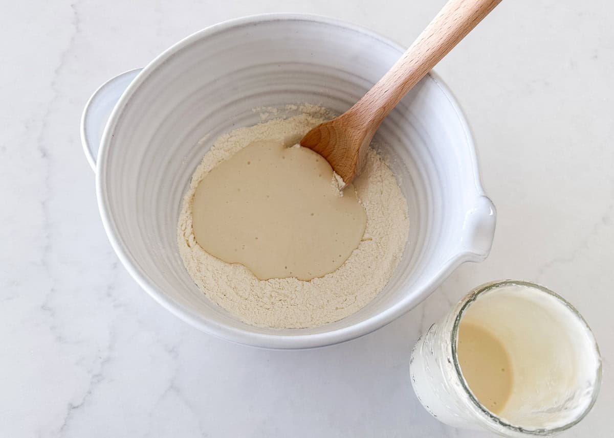Showing how to make sourdough waffles.